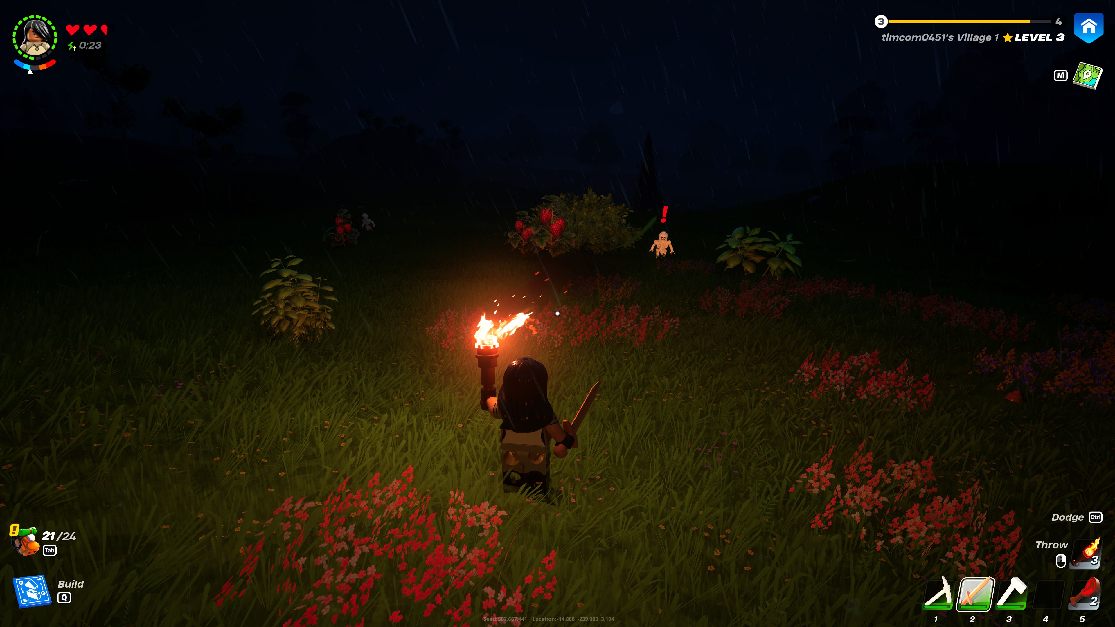 LEGO Fortnite Player Preparing To Fight Skeleton At Night In Grassy Field
