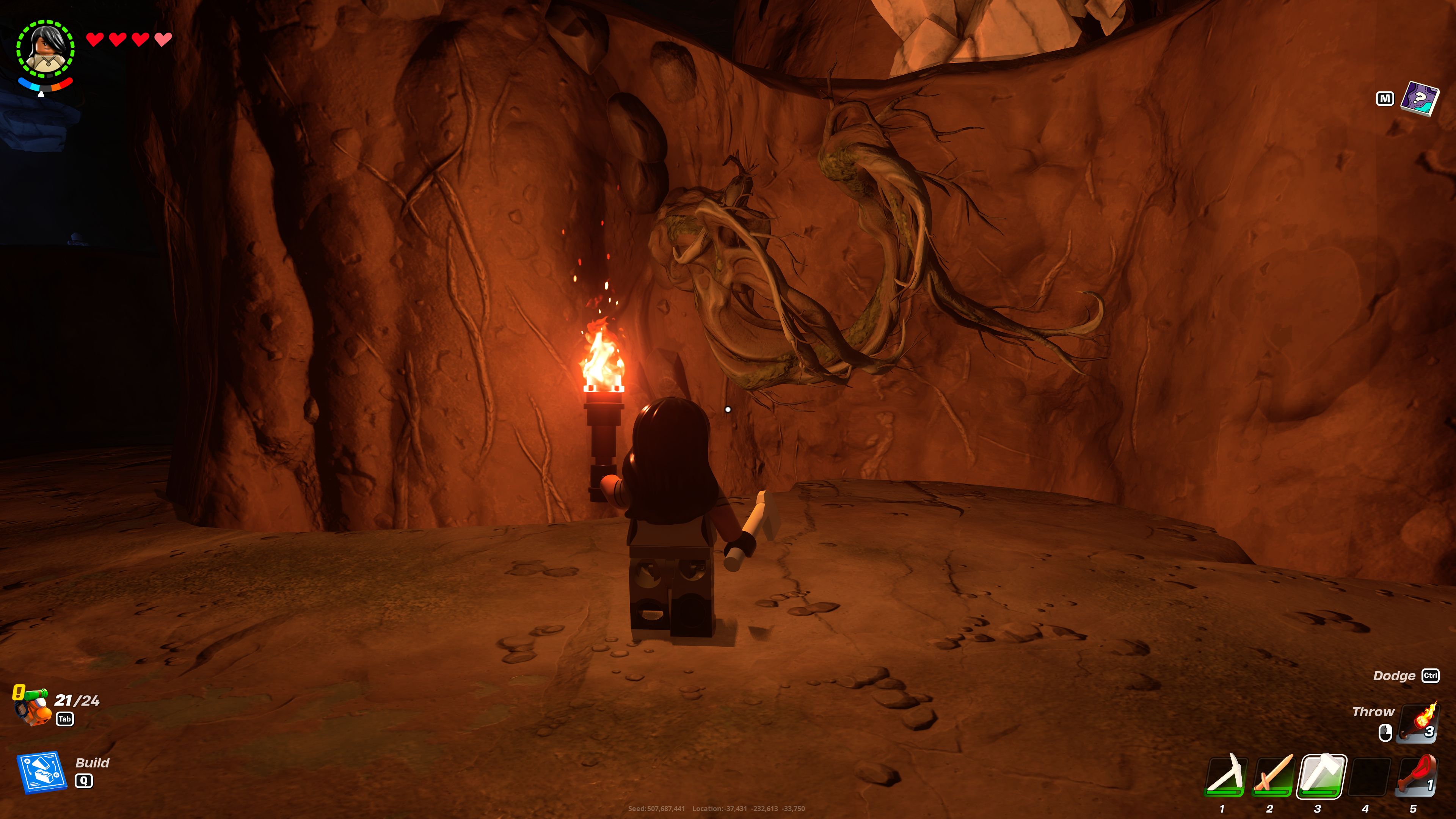 LEGO Fortnite Player Preparing To Harvest Knotroot From Cave Wall While Holding Torch And Sword