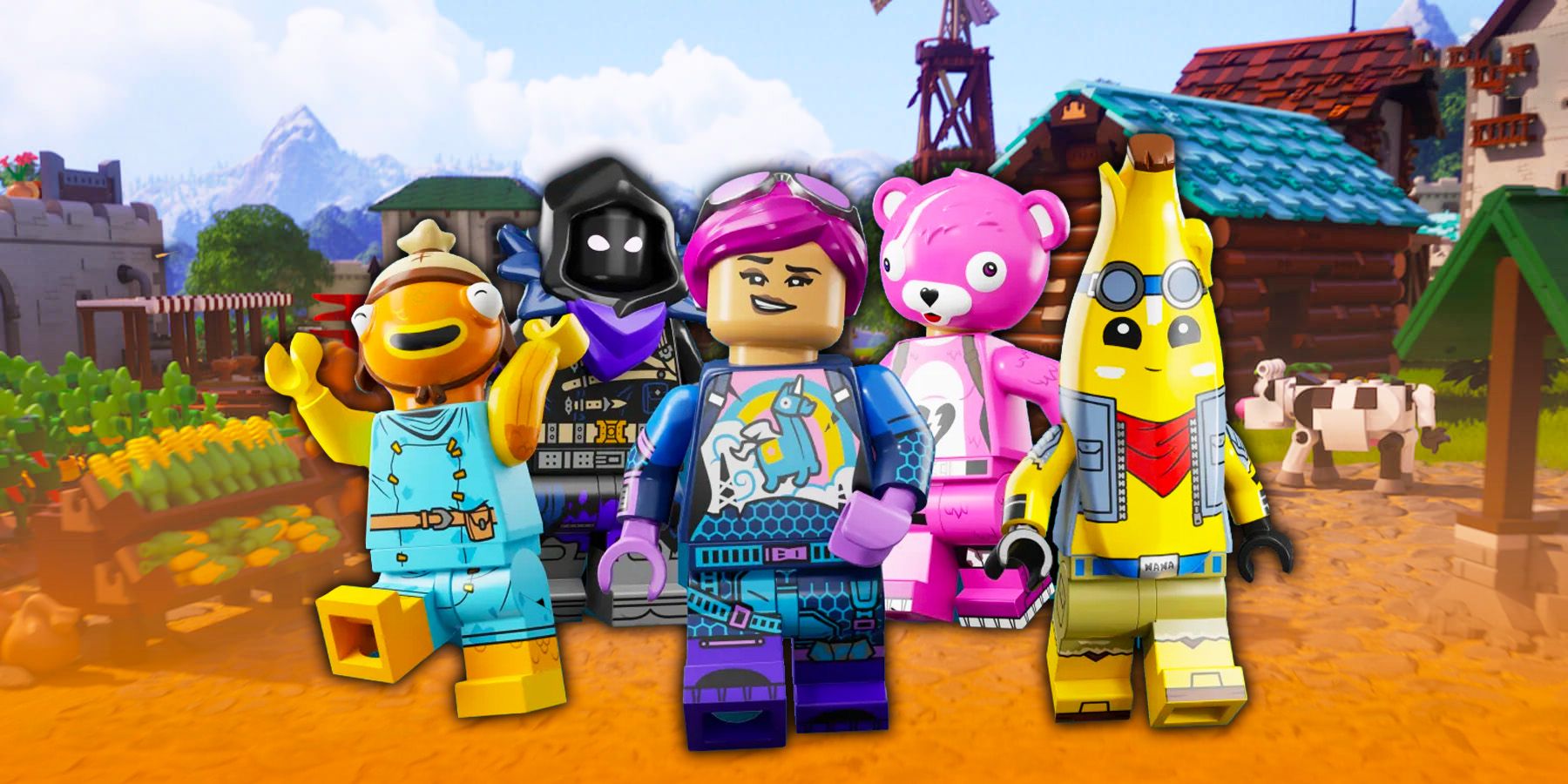 Five Villagers in various costumes in front of a village in Lego Fortnite.