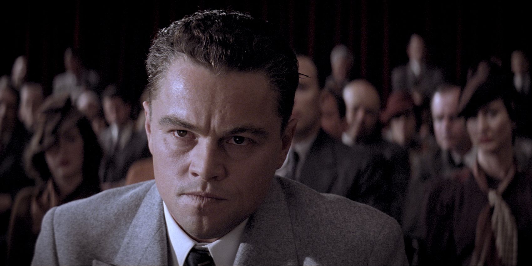 Leonardo DiCaprio as J. Edgar Hoover looking angry in court in J. Edgar.