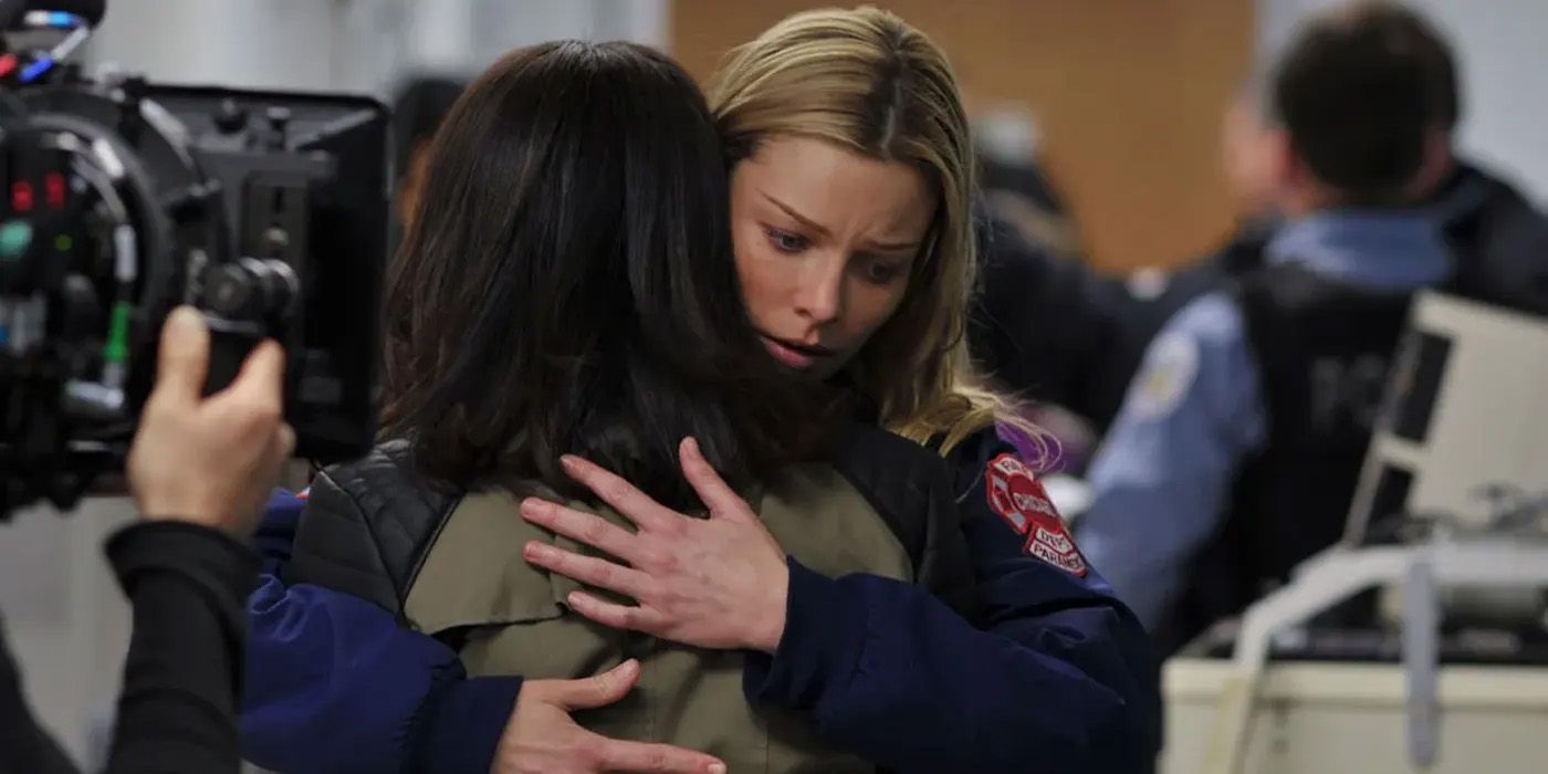 Leslie hugging Gabby on Chicago Fire