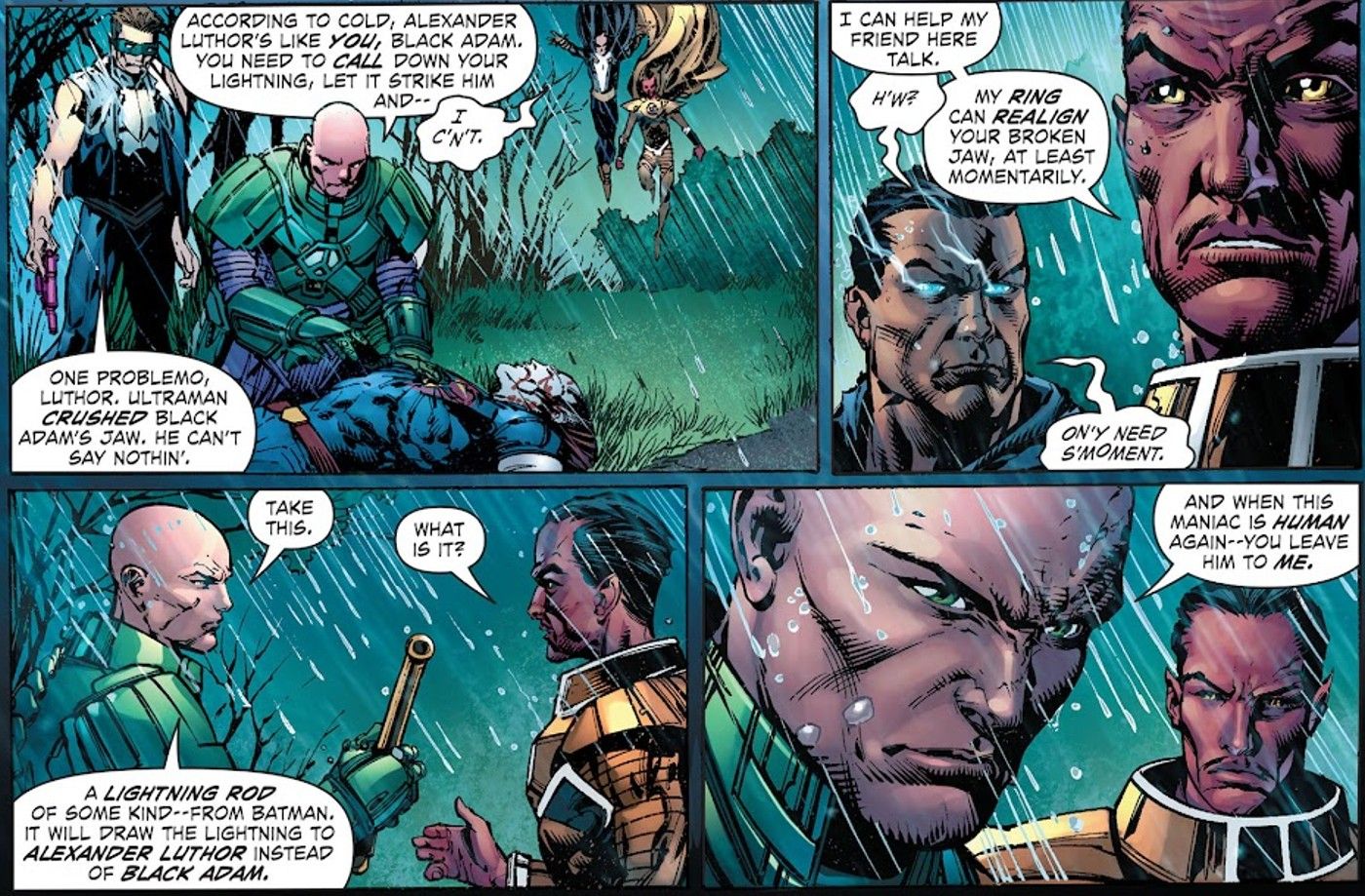 Comic book panels: costumed super-villains in the rain.