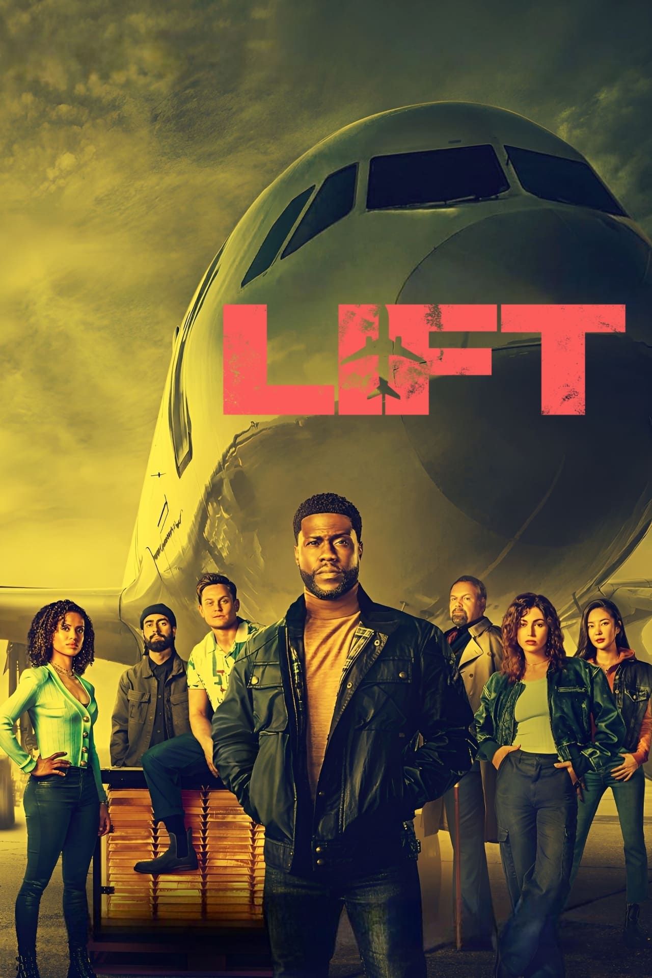Lift Movie Poster Featuring Kevin Hart and Cast Standing in Front of a Plane