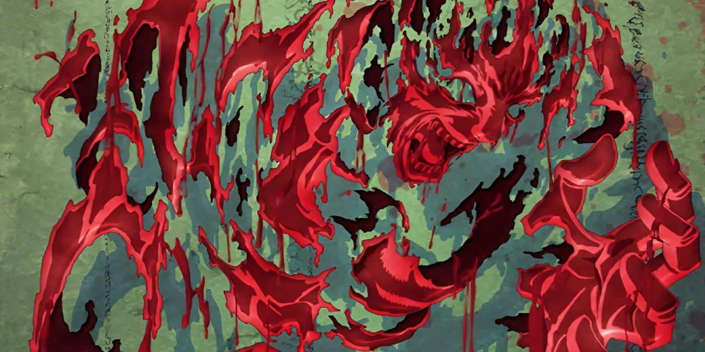 A bloody silhouette of a man shows an expression of red.