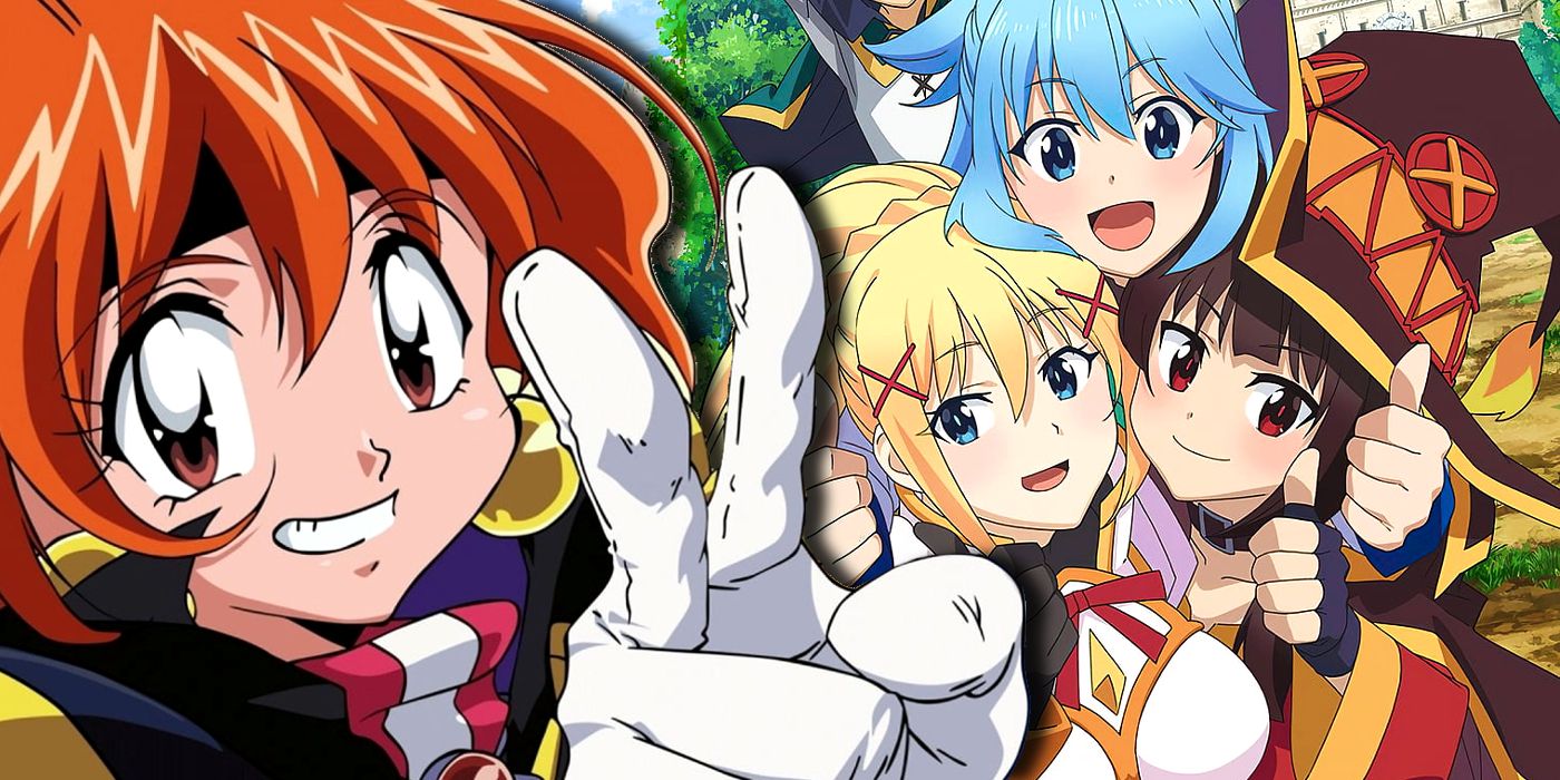 Lina from Slayers making a peace sign and the main cast of Konosuba