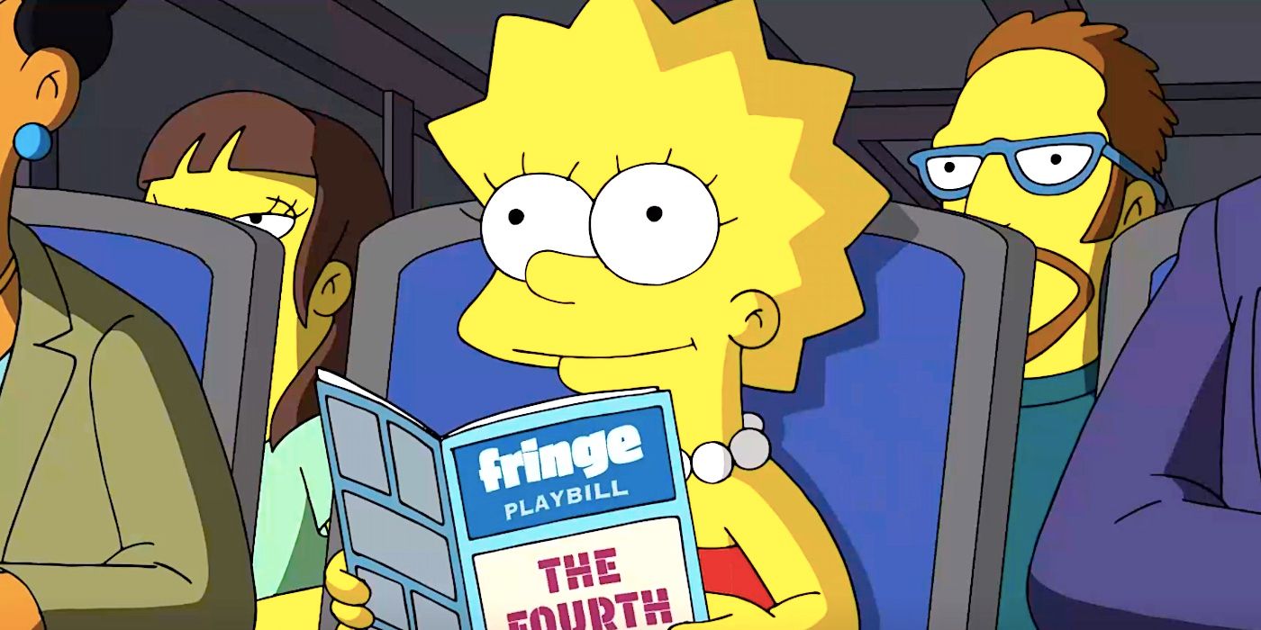 Lisa sorri enquanto está sentada em um teatro movimentado e segura um cartaz no episódio 8 da 35ª temporada de Os Simpsons