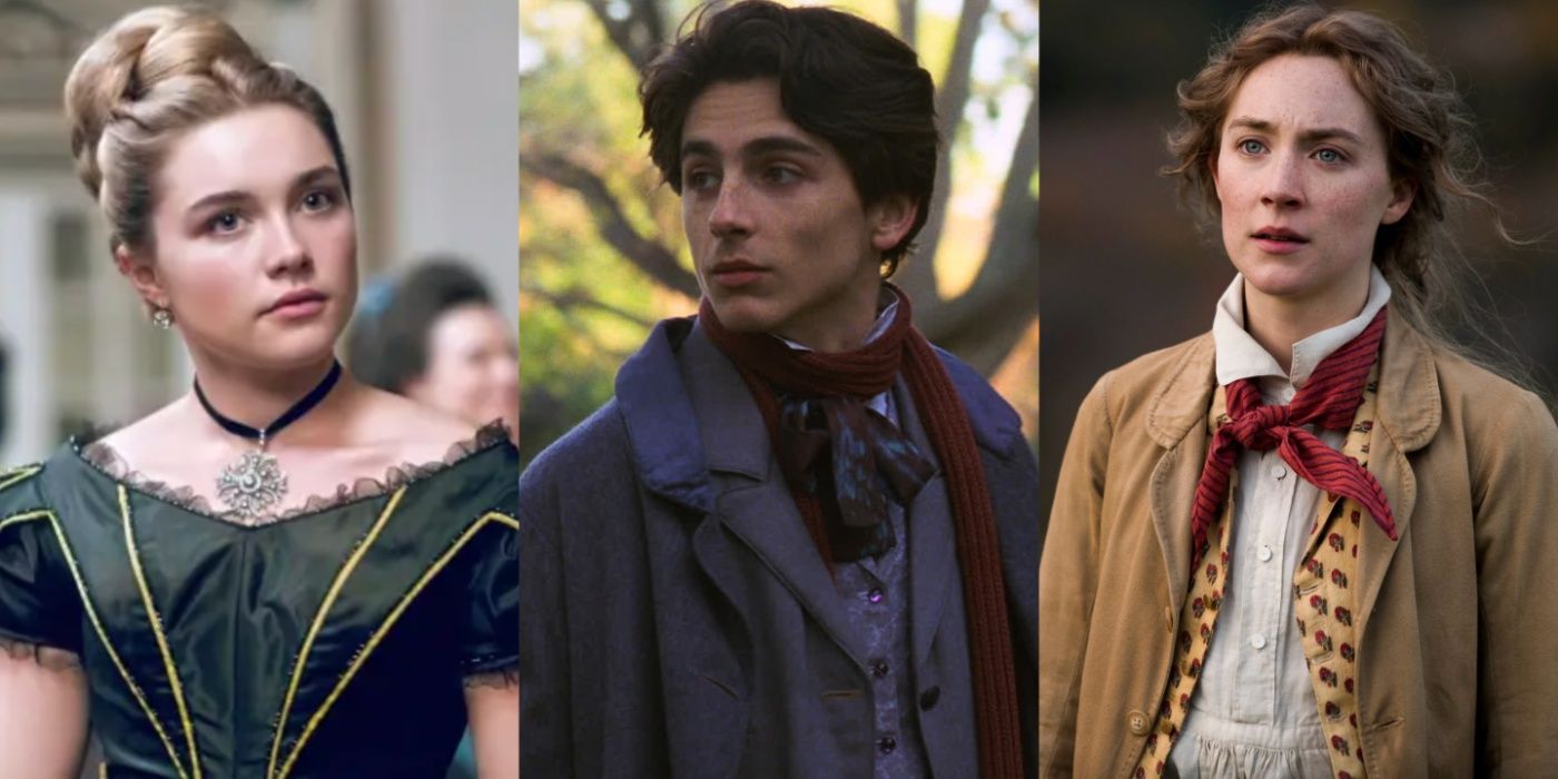 A side by side image features Florence Pugh as Amy, Timothee Chalamet as Laurie, and Saorise Ronan as Jo in Little Women (2019)