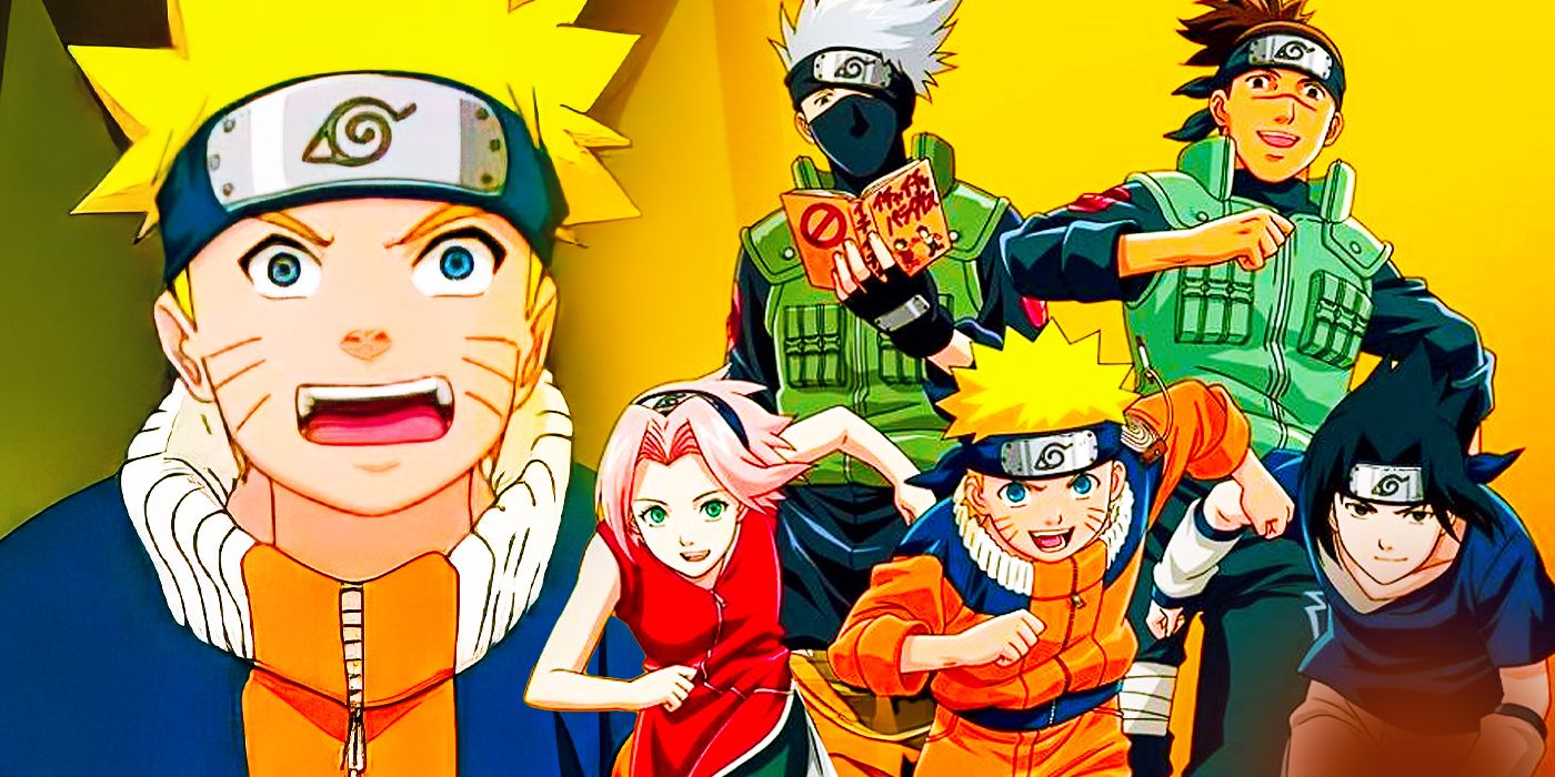 An image of Naruto looking shocked next to a group shot of Sakura, Naruto, Sasuke, Kakashi, and Iruka