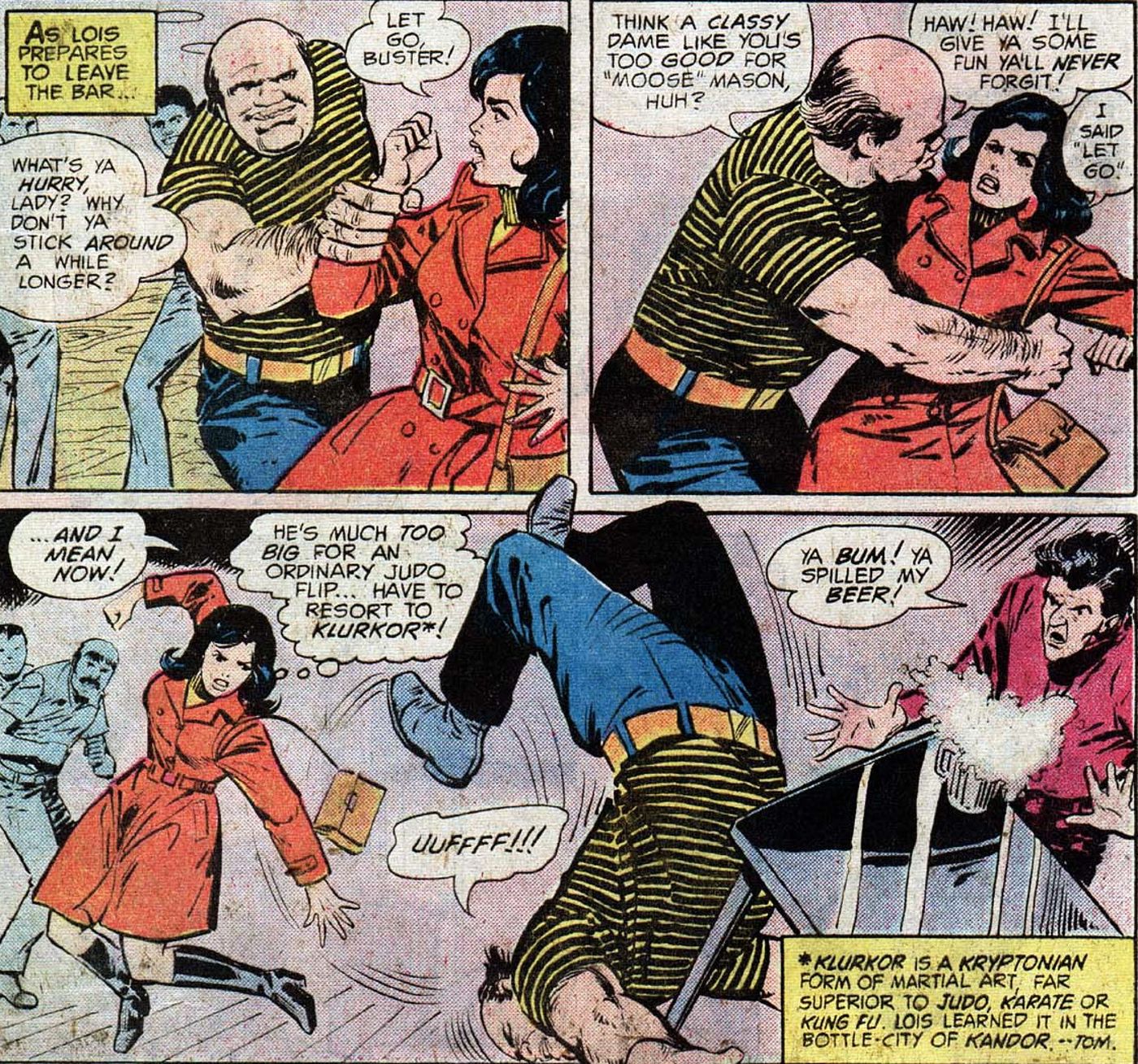 Lois Lane uses a Kryptonian Klurkor move to flip a man attempting to grab her. 