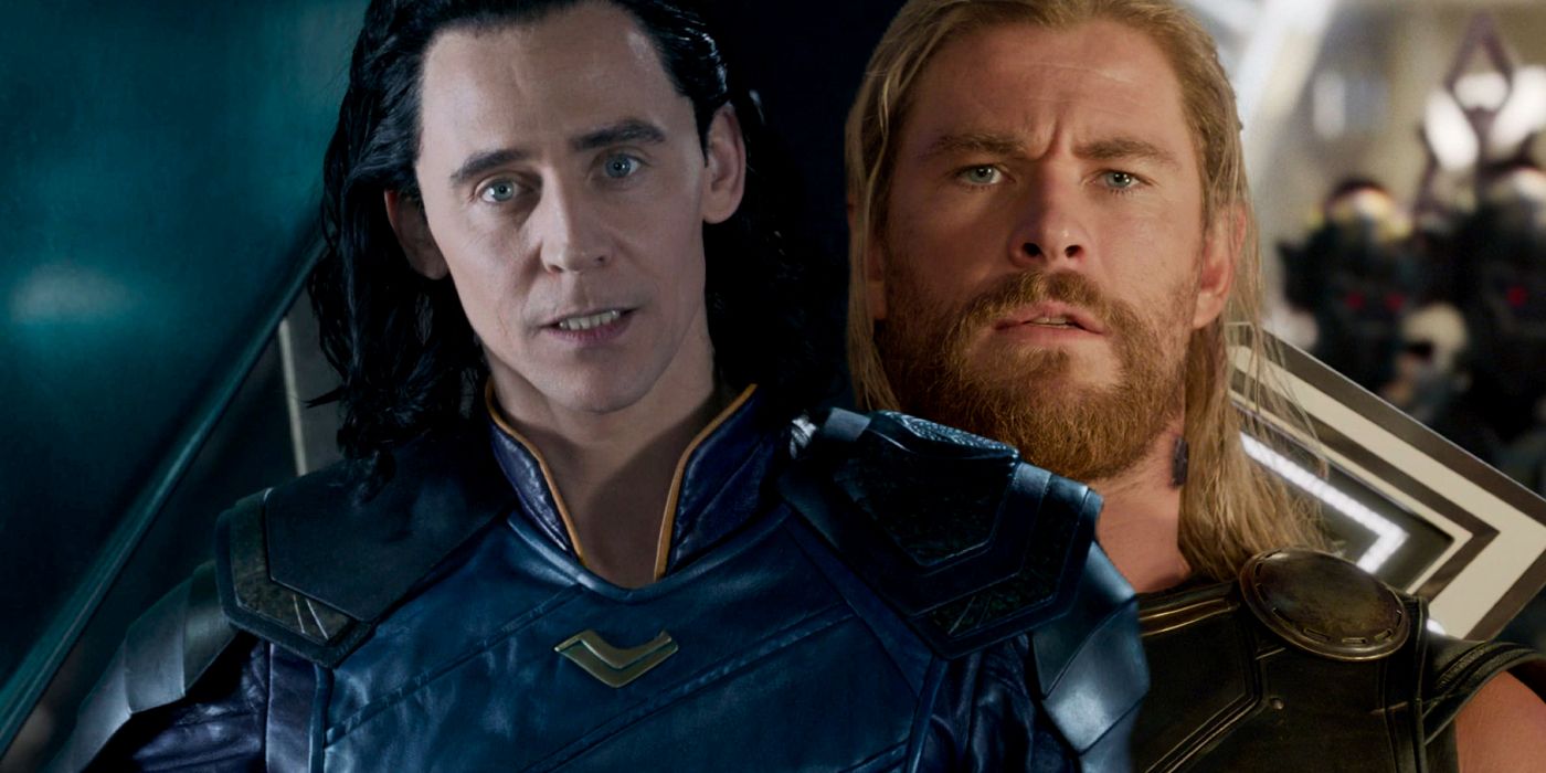Loki looks concerned while Thor sits with obedience disk on his neck in Thor: Ragnarok