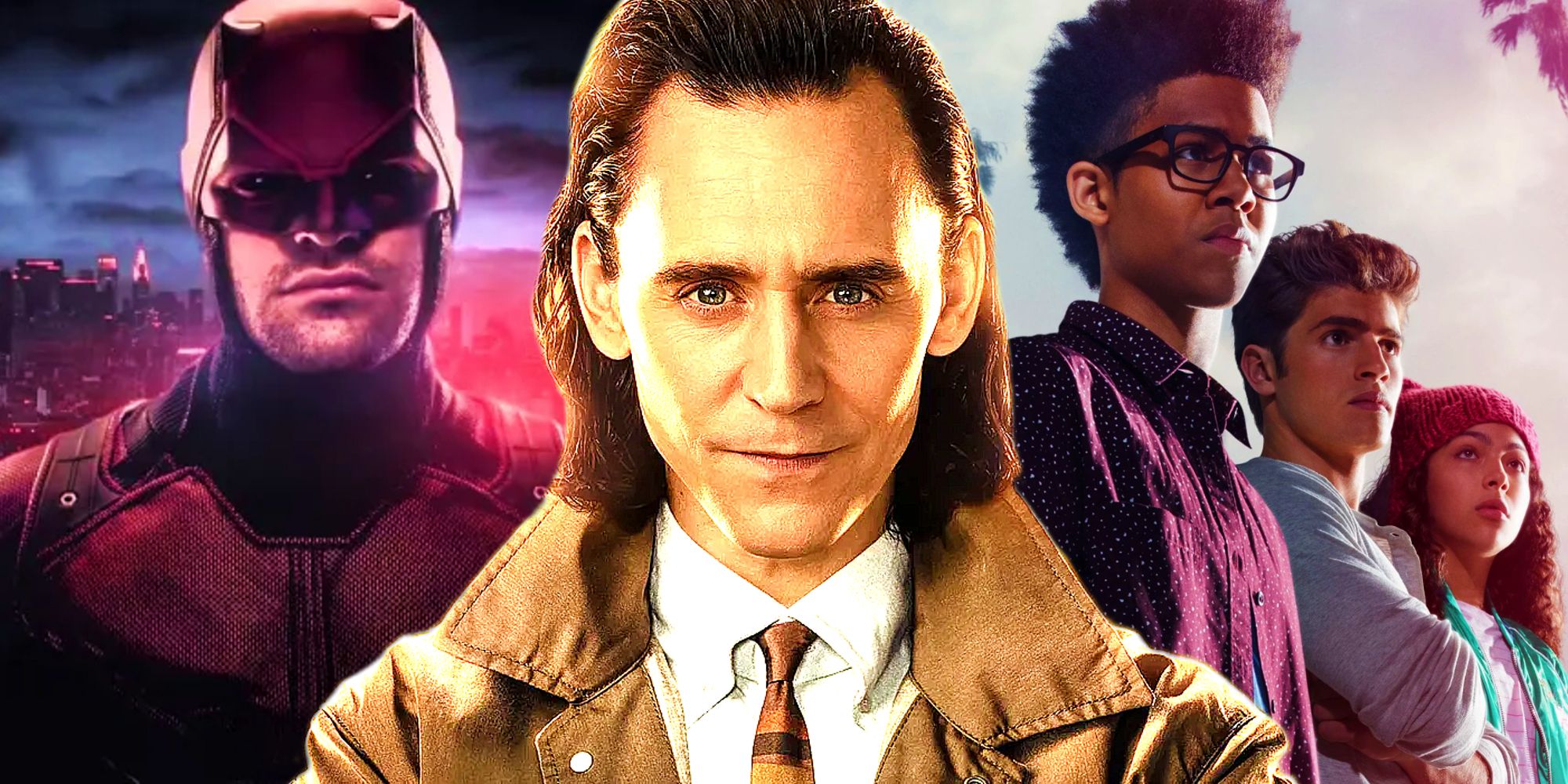 Tom Hiddleston as Loki in the show's poster between Netflix's Daredevil and the poster for Marvel Runaways