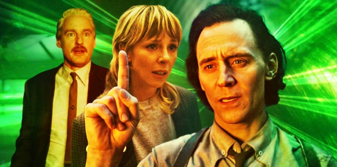 Owen Wilson as Mobius next to Sophie Di Martino as Sylvie next to Tom Hiddleston as Loki pointing his index finger upward in Loki Season 2