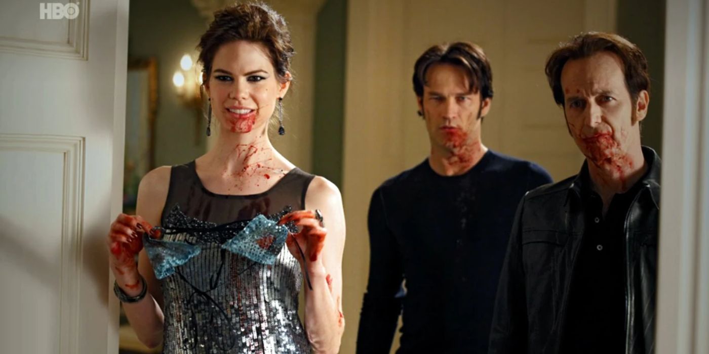 Lorena, Bill and Russell with on their mouths in True Blood season 3