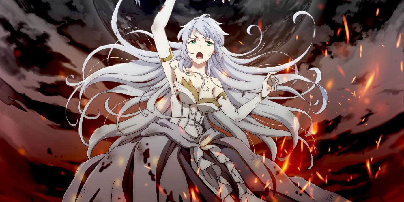 Lost Song Finis holding out her hand with a flaming sky background