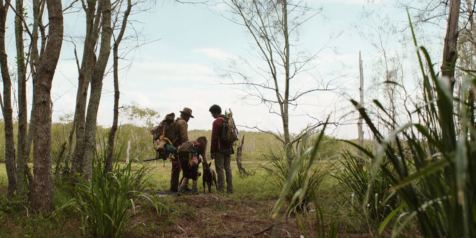 Love and Monsters Clay (Michael Rooker) Minnow (Ariana Greenblatt) and Joel (Dylan Obrien) pet boy