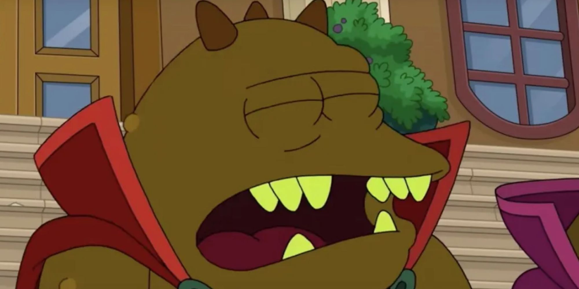 Lrrr closing his eyes and opening his mouth in Futurama.