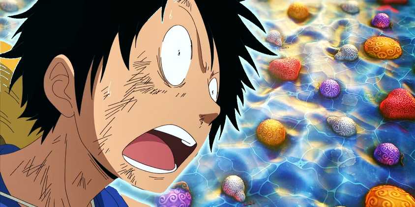 Luffy from One Piece looking shocked near a sea of devil fruits
