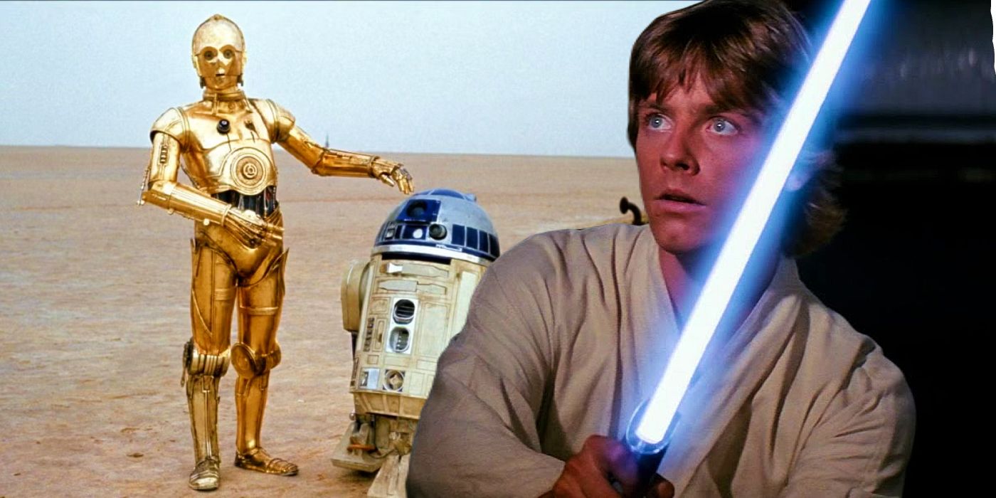 Luke Skywalker holding his lightsaber in A New Hope next to R2-D2 and C-3PO standing in the desert in Star Wars