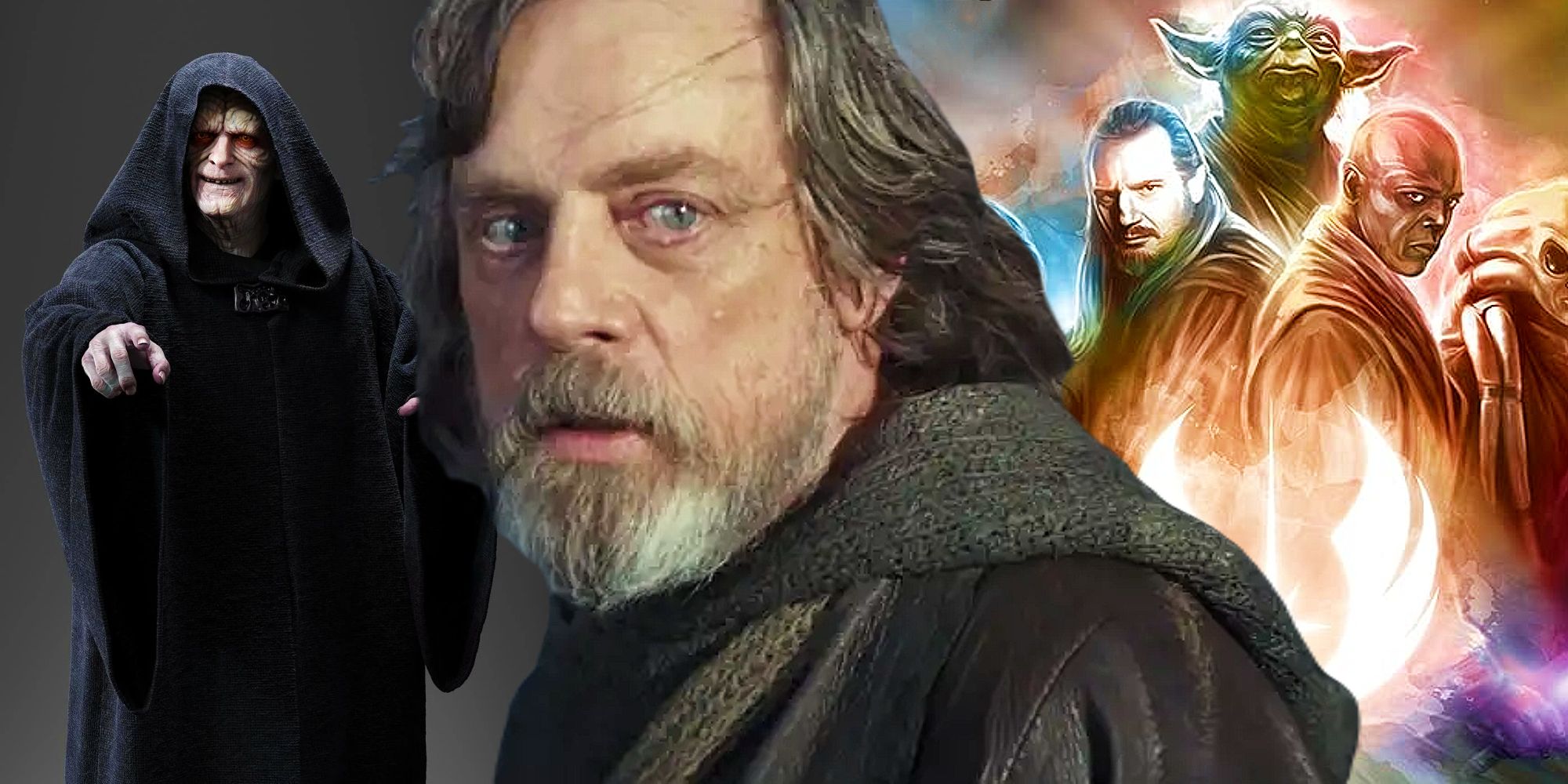 Luke Skywalker from The Last Jedi between the Jedi of the Prequel Era and Emperor Palpatine