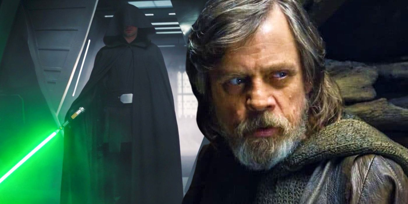 Luke Skywalker wielding his lightsaber in The Mandalorian next to Luke in The Last Jedi