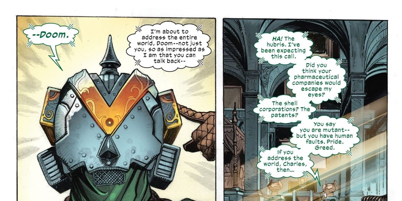 X-Men #29, Magneto and Moira MacTaggert watch Professor X’s Cerebro be infiltrated by Doctor Doom