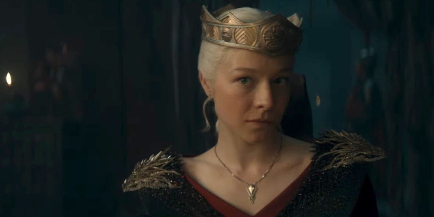 Emma D'Arcy as Rhaenyra with a crown on her head in the House of the Dragon season 2 teaser