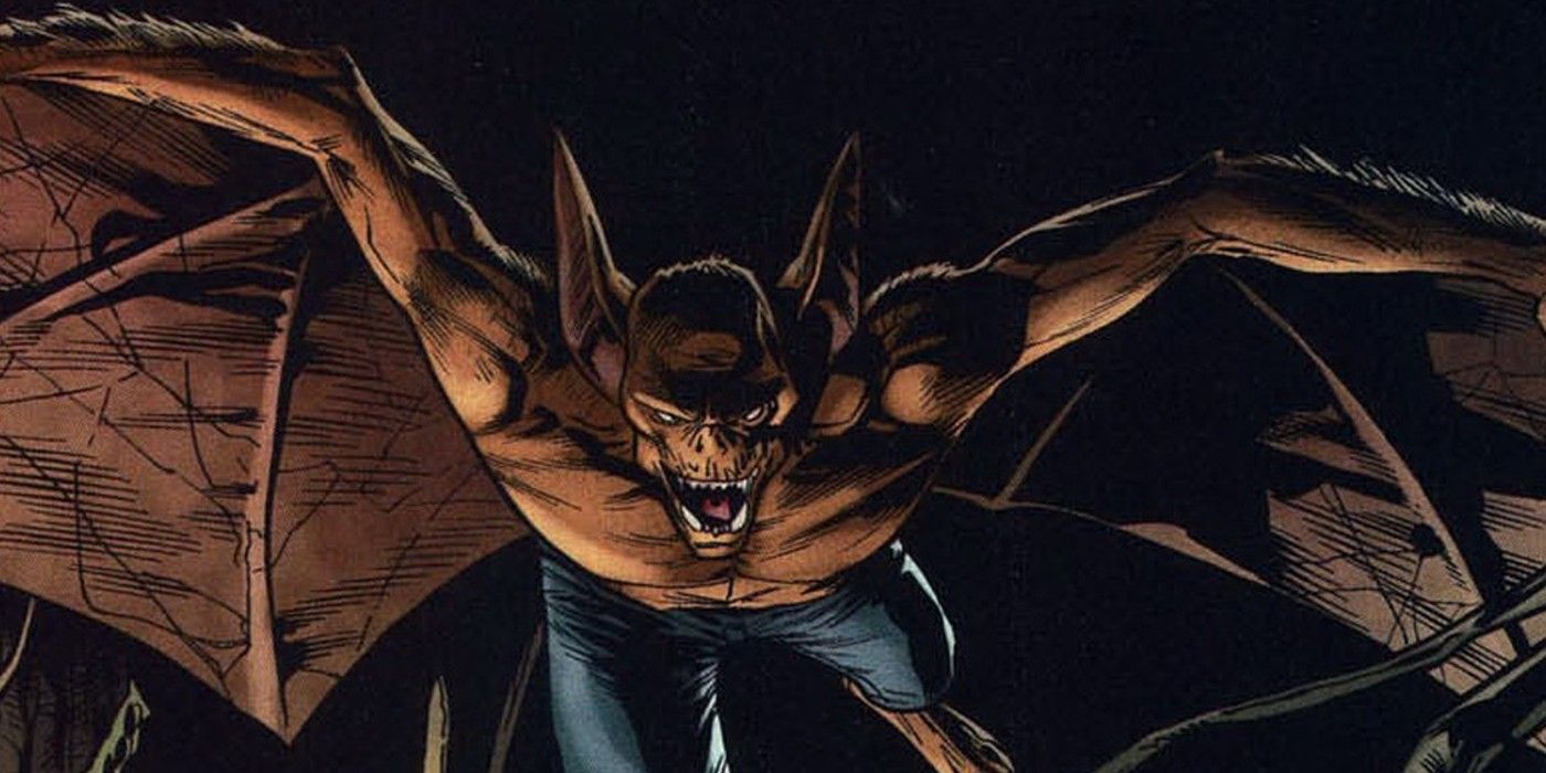 Man-Bat flies with spread wings in a DC Comic