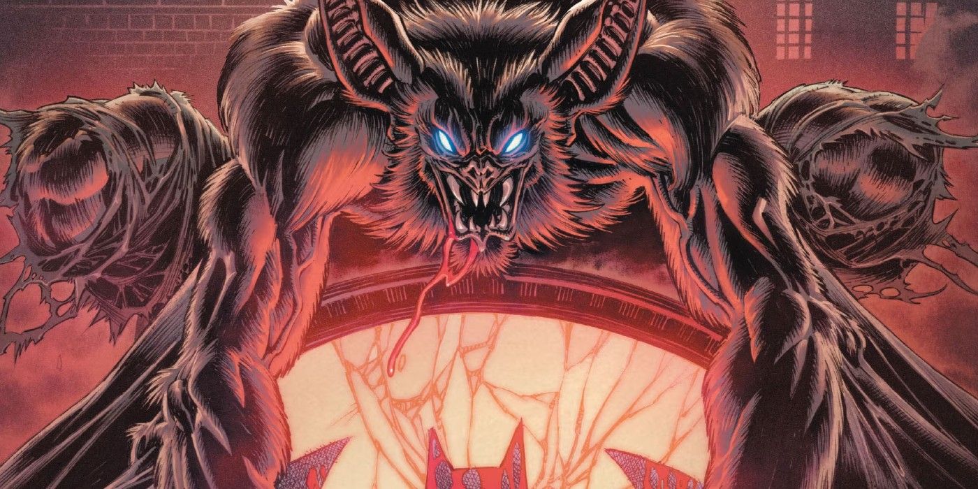 Man-Bat stands on the Bat Signal in a DC Comic