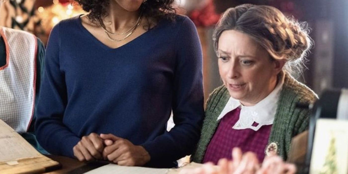 Marga (Rachel Dratch) looking worried at something in A Clustefunke Christmas.