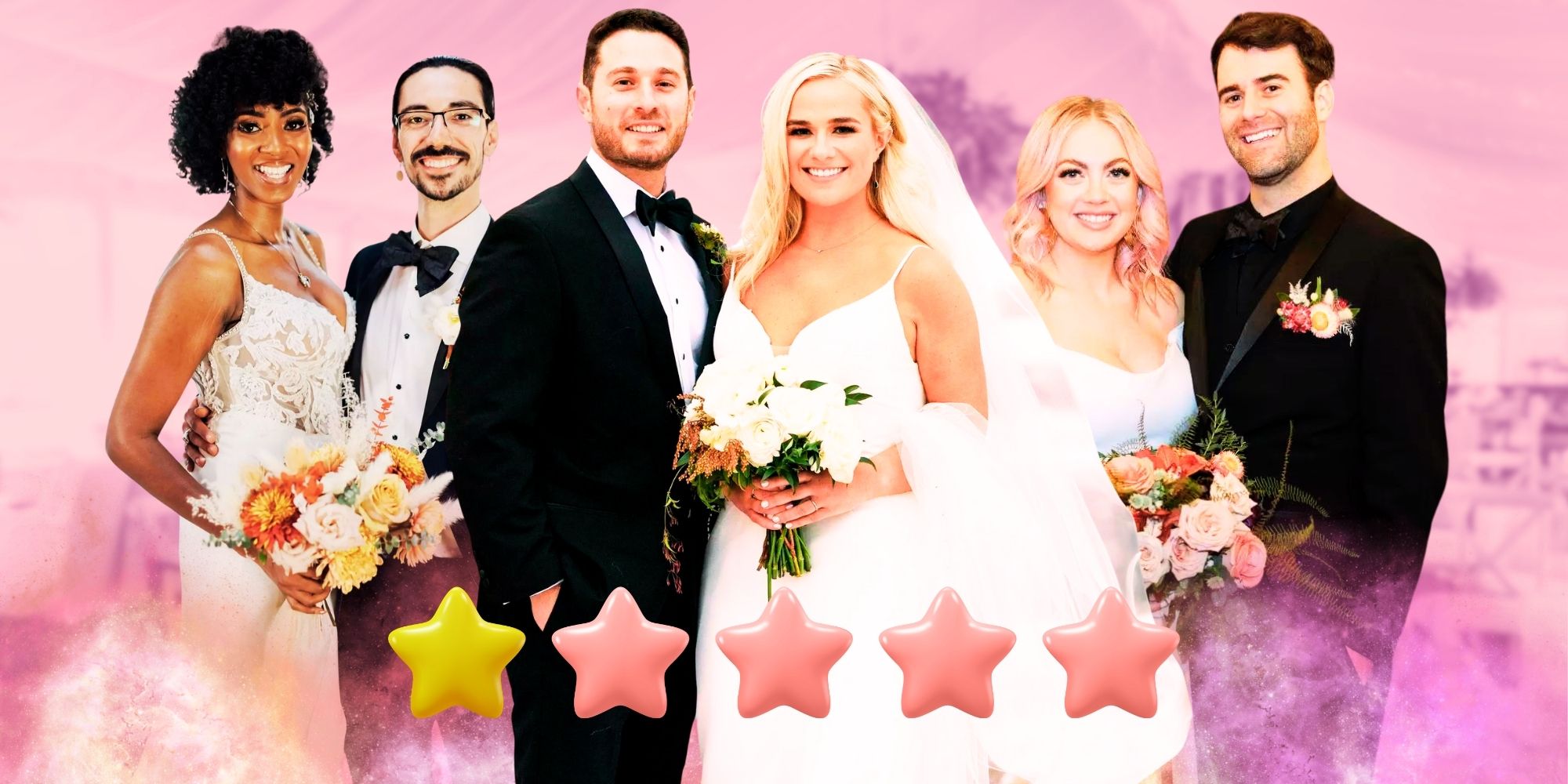 Married at First Sight season 17 cast montage in wedding outfits with pink background