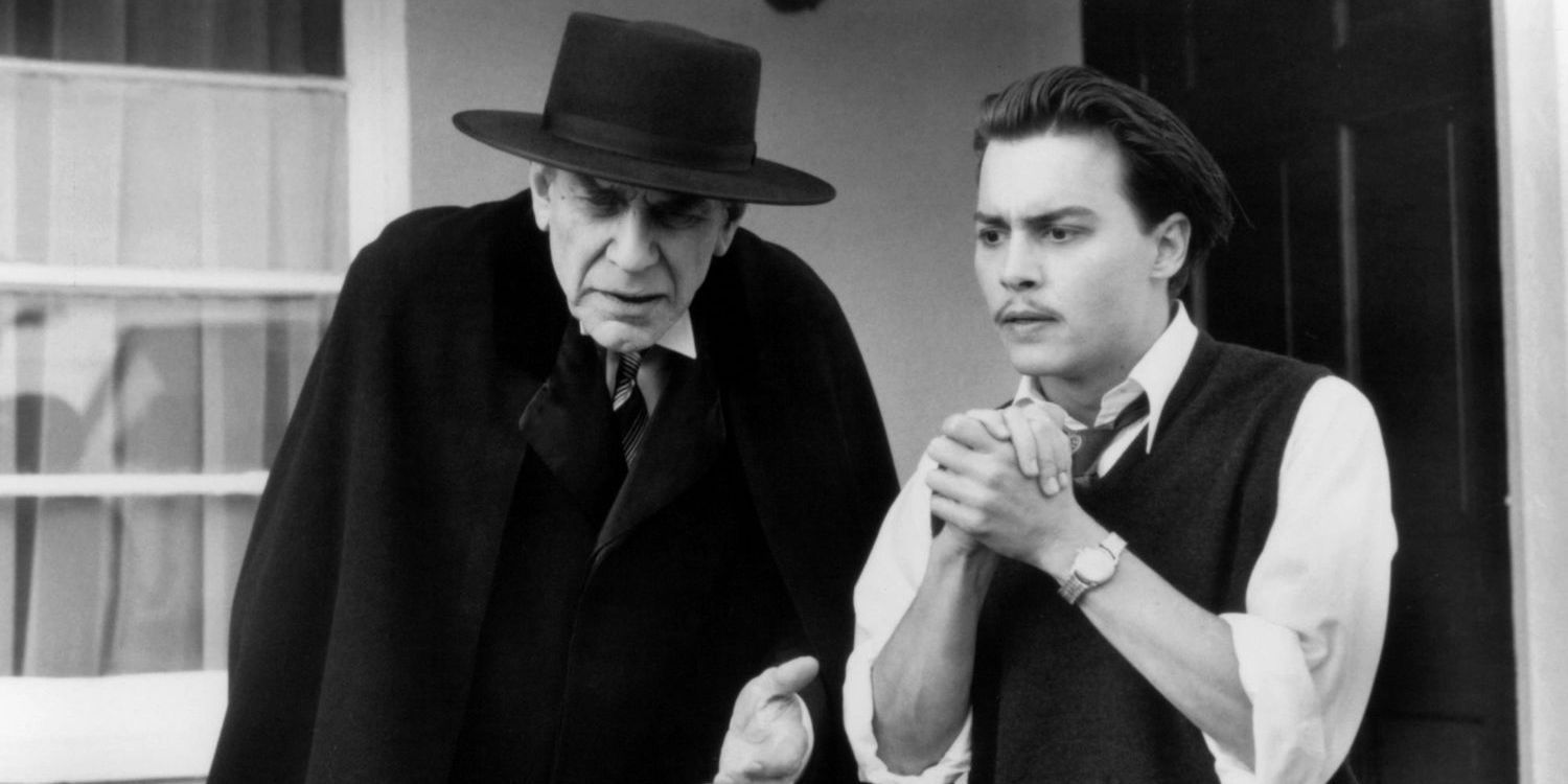 A black and white shot of Martin Landau as Bela Lugosi & Johnny Depp as Ed Wood in Ed Wood.