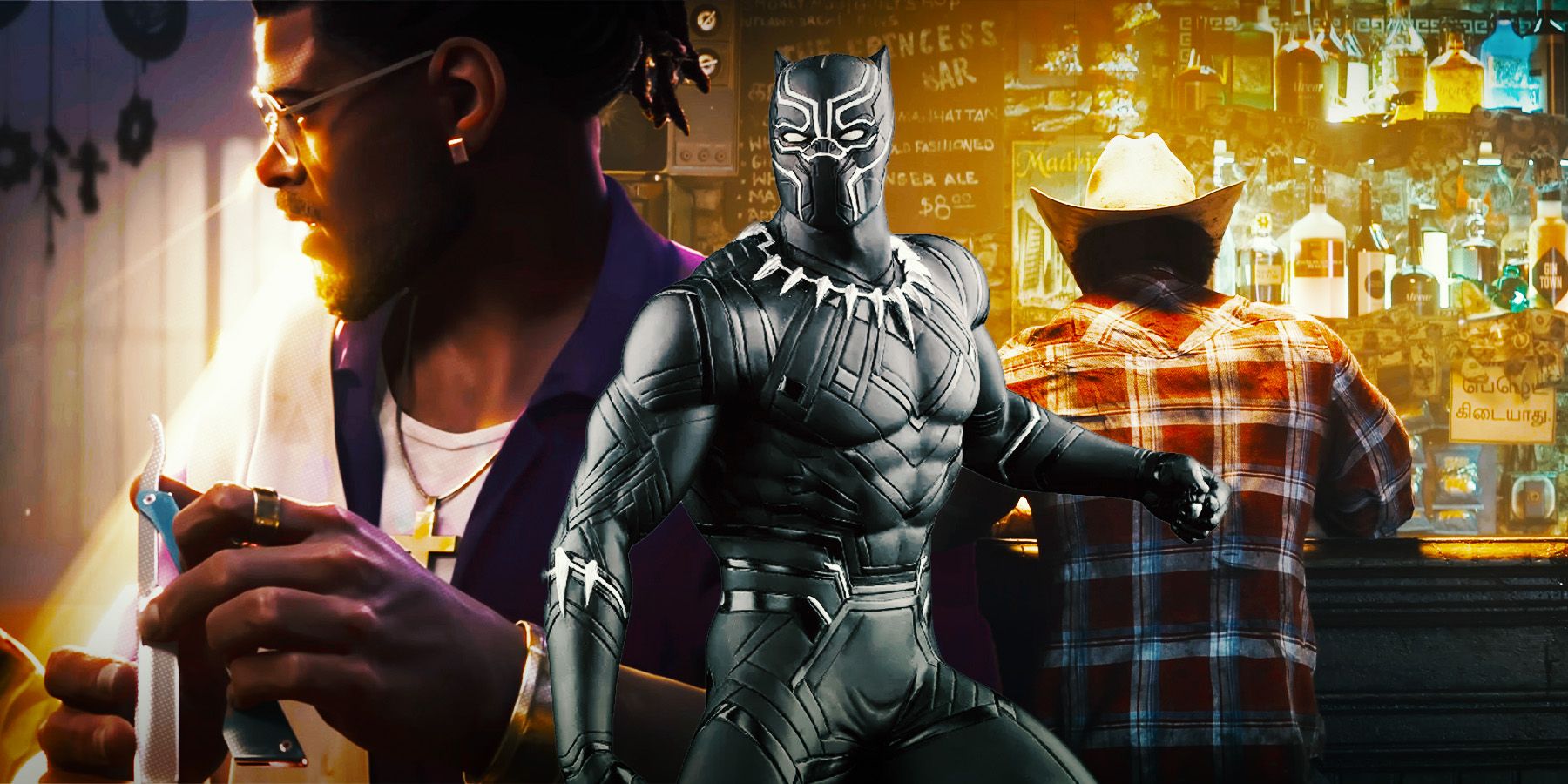 A collage of Marvel video game characters. In the center is Black Panther, on the left is Blade, and on the right is Wolverine.