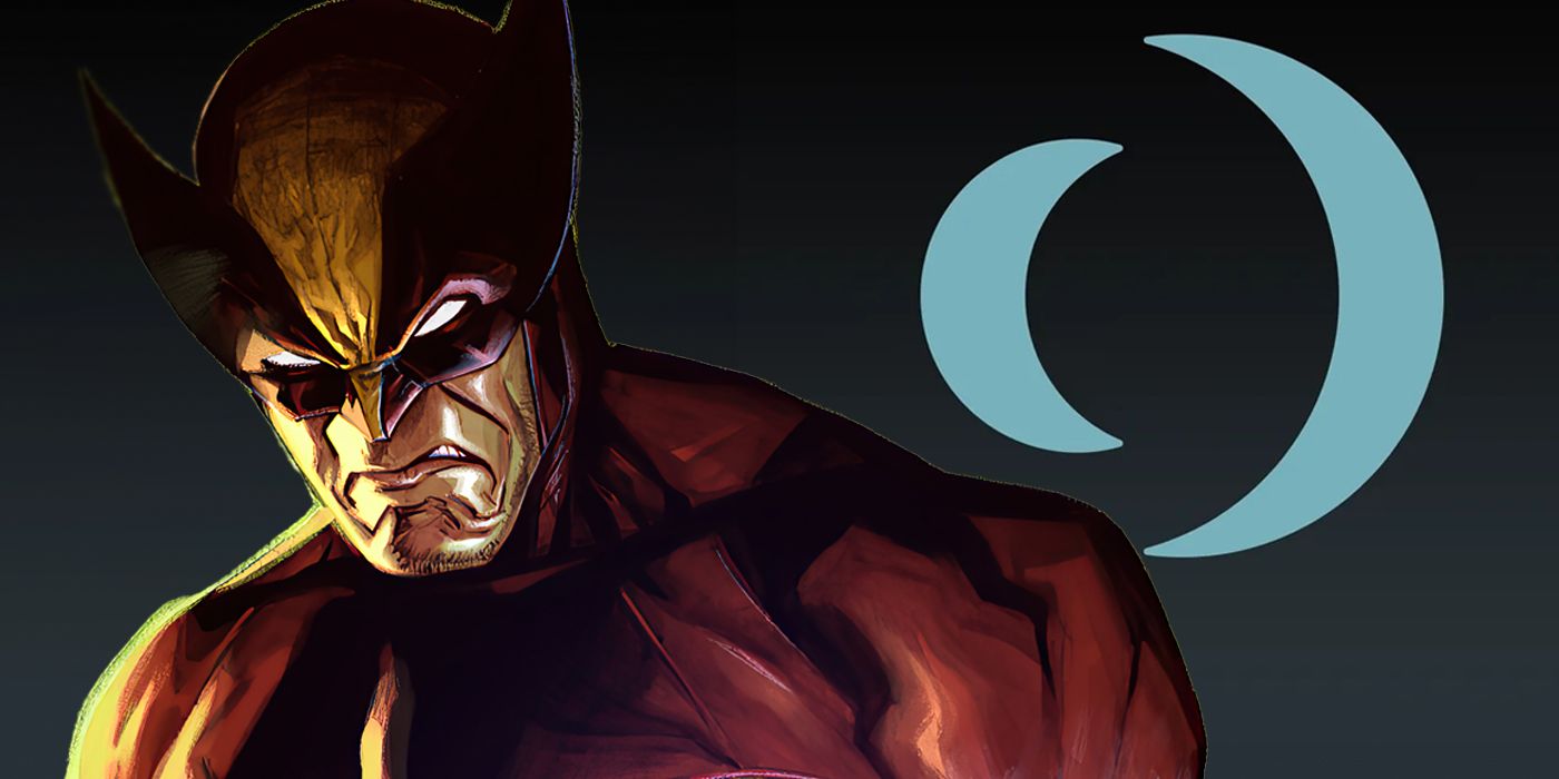 Wolverine from the comics in his brown and yellow suit looking angry with the Insomniac Games logo behind him