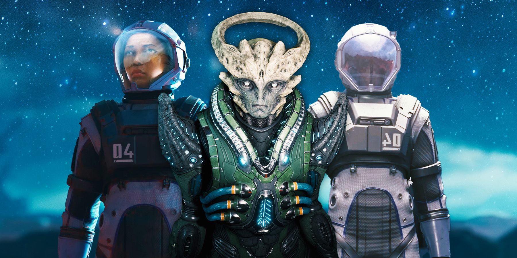 An alien with a ring-shaped growth on its head, wearing green armor, flanked by two humans in spacesuits.
