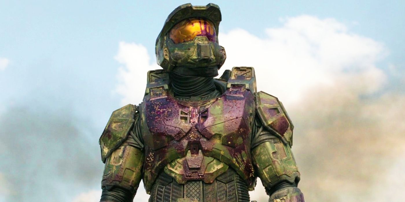 Master Chief covered in purple alien blood in the Halo TV show.