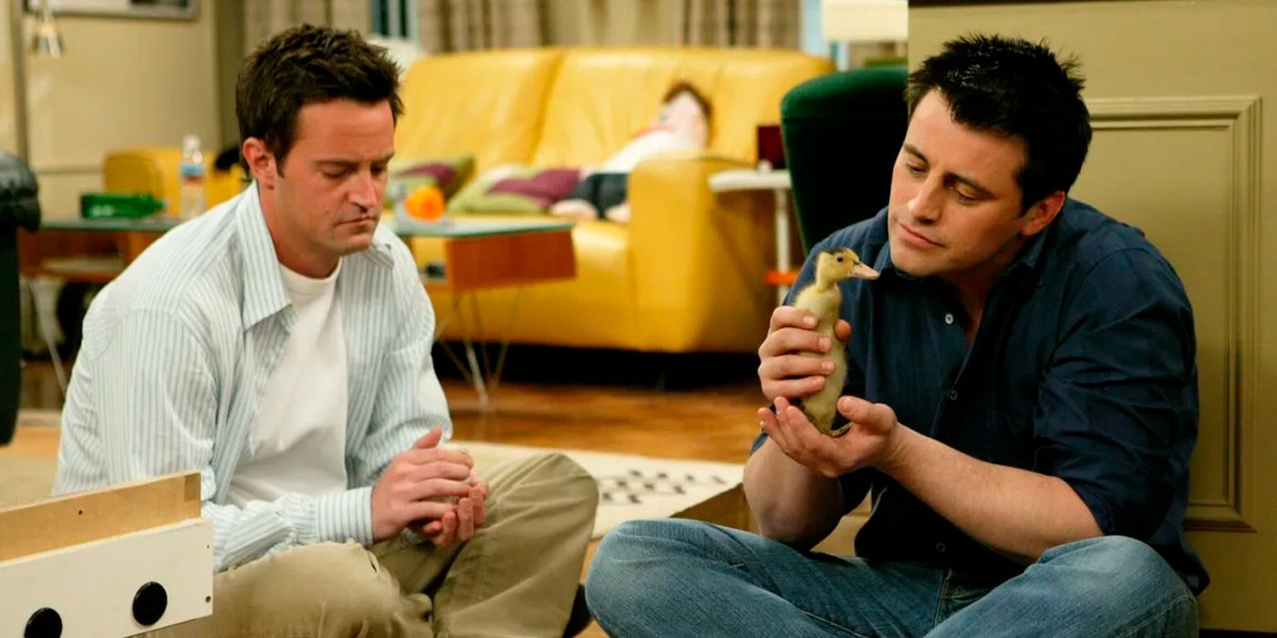 Mathew Perry As Chandler And Matt LeBlanc As Joey play with a chick and duck in Friends season 10