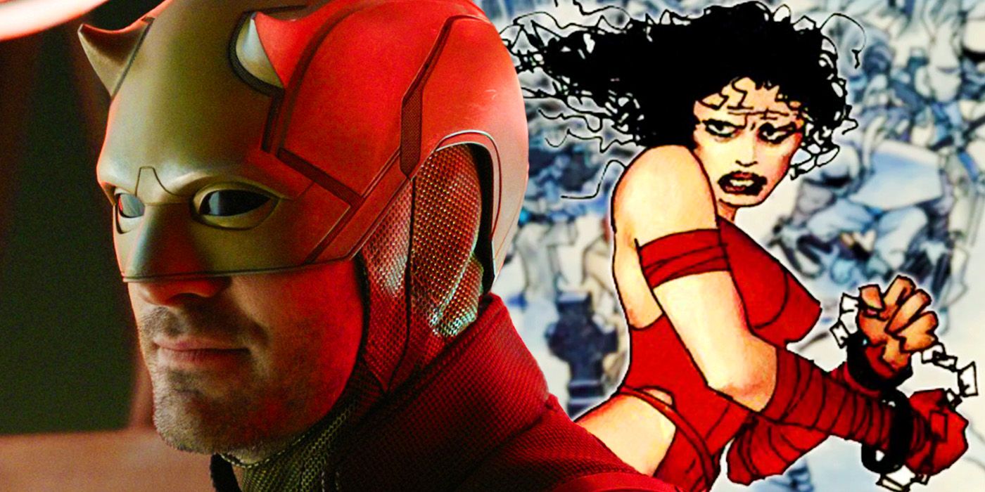 Matt Murdock's Daredevil in the MCU with cover art for Elektra Lives Again in Marvel Comics