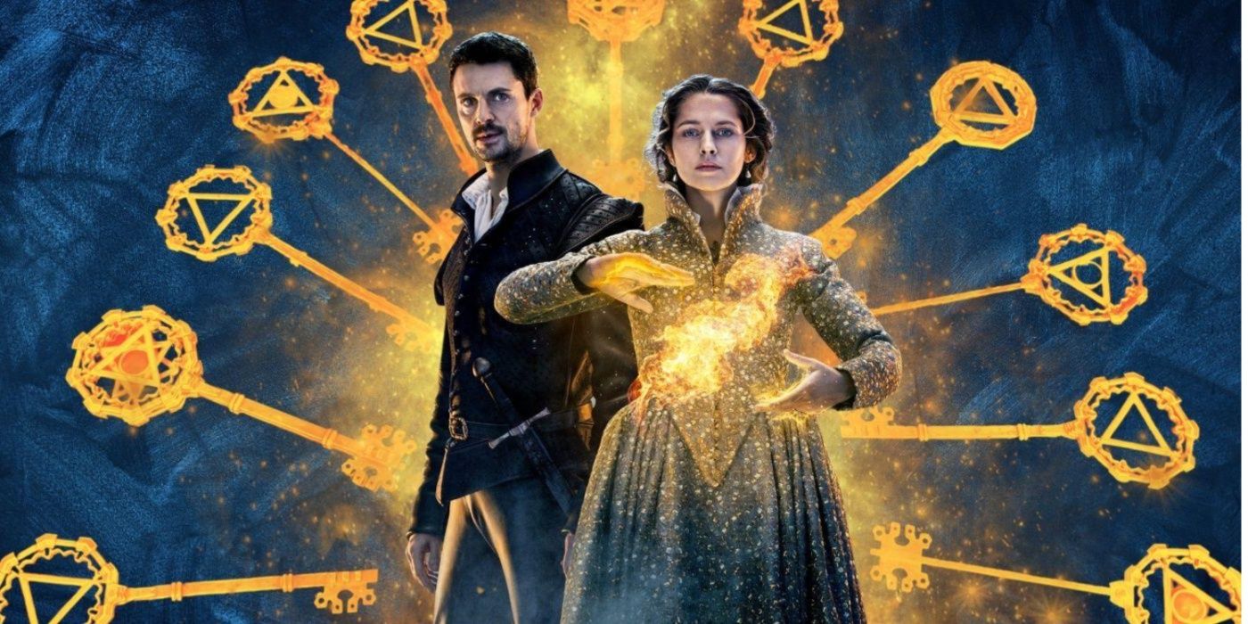 Matthew Goode as Matthew Claremont standing behind Teresa Palmer as Diana Bishop as she does magic in a A Discovery of Witches poster