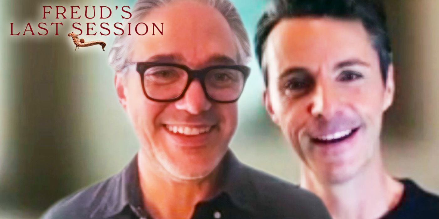 Edited image of Matthew Goode & Matthew Brown during their Freud’s Last Session interview