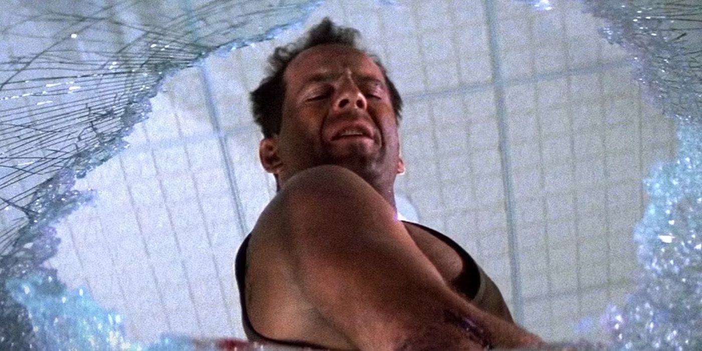 Bruce Willis as John McClane shouts down from the window in Die Hard