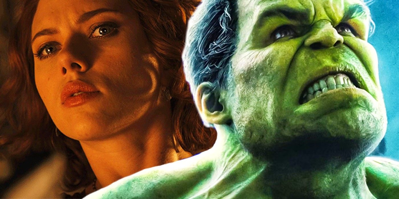 Uma imagem dividida do Hulk carrancudo e da Viúva Negra parecendo incerta