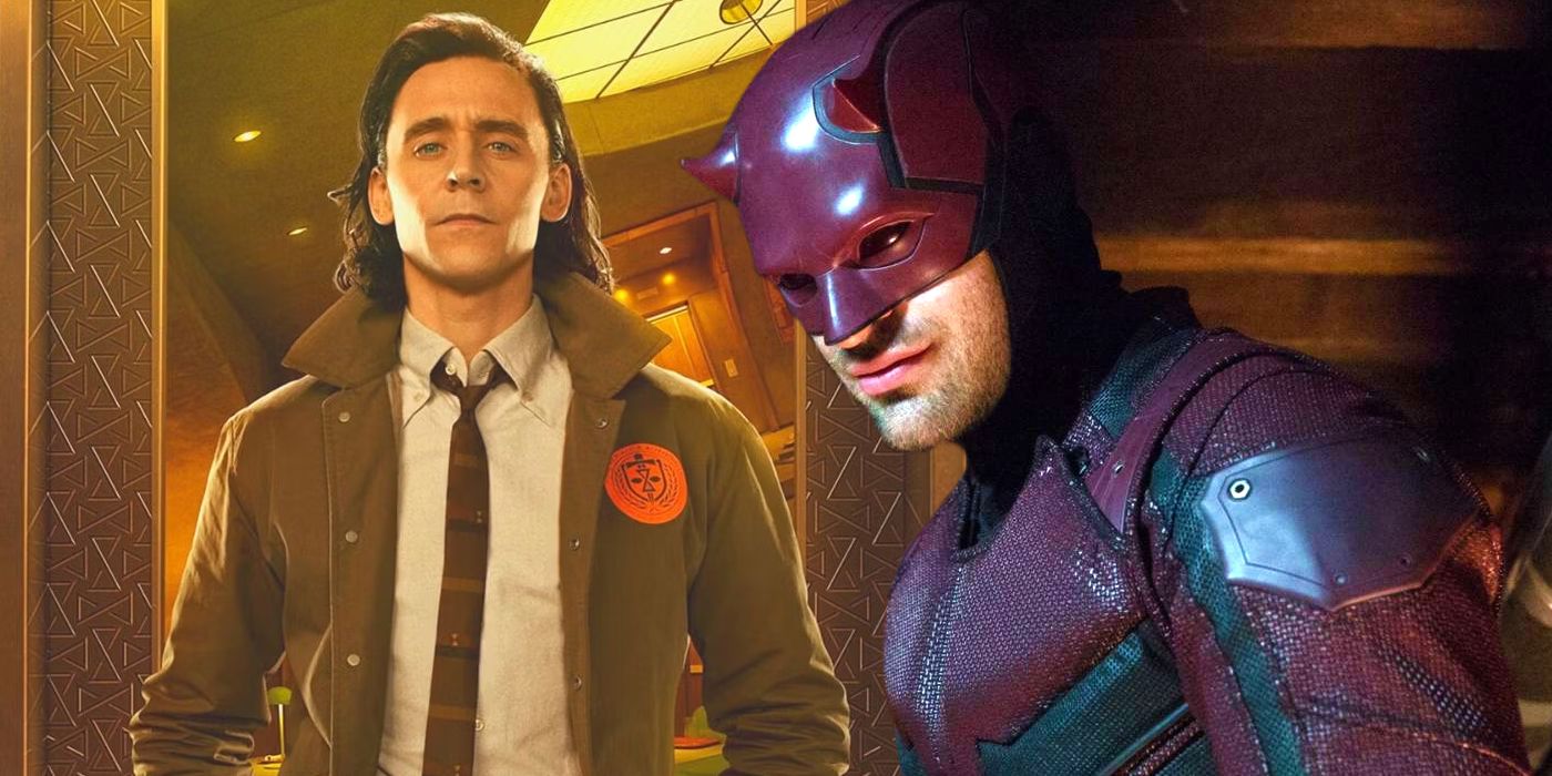 Tom Hiddleson as Loki in promo art for Loki season 2 and Charlie Cox as Daredevil in Daredevil
