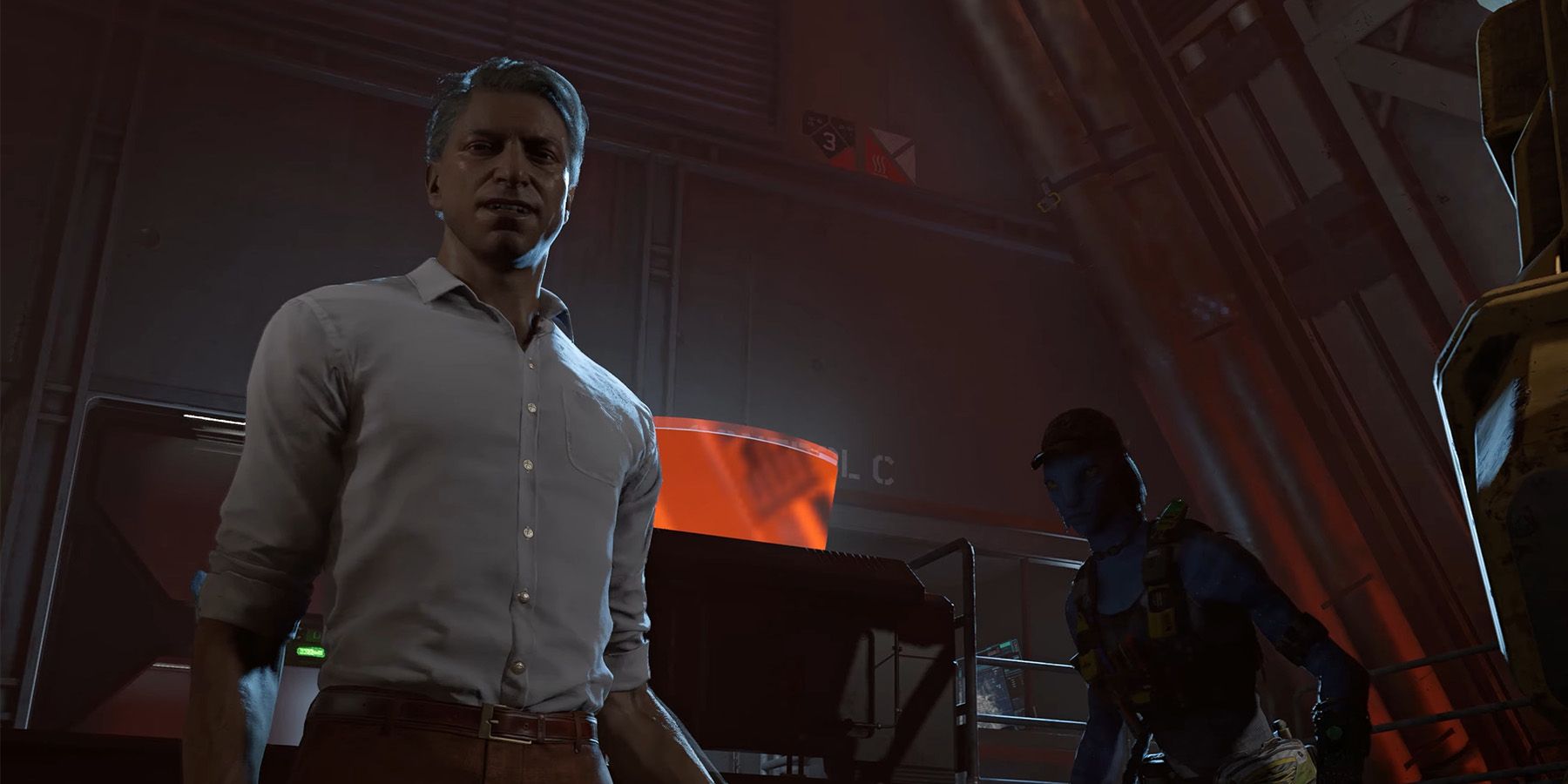 John Mercer smiling in Frontiers of Pandora with the Na&rsquo;vi Teylan behind.
