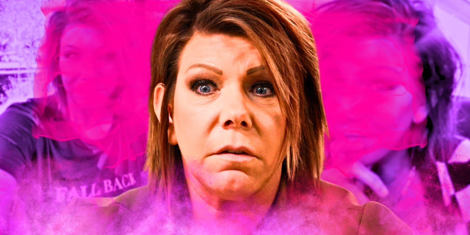 Montage of Sister Wives' Meri Brown with pink and purple background
