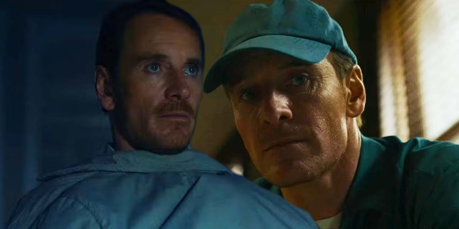 Michael Fassbender using his jacket as a blanket and Michael Fassbender in disguise in The Killer