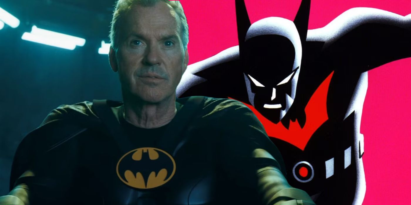 Split image of Michael Keaton in Batsuit with animated Terry McGinnis in Batman Beyond