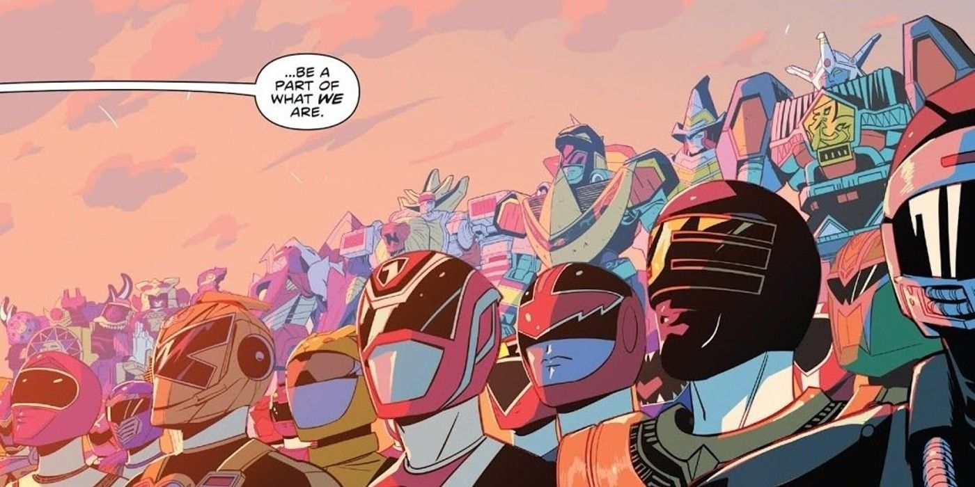 Assembled Rangers from different teams stand in front of their Zords, Shattered Grid