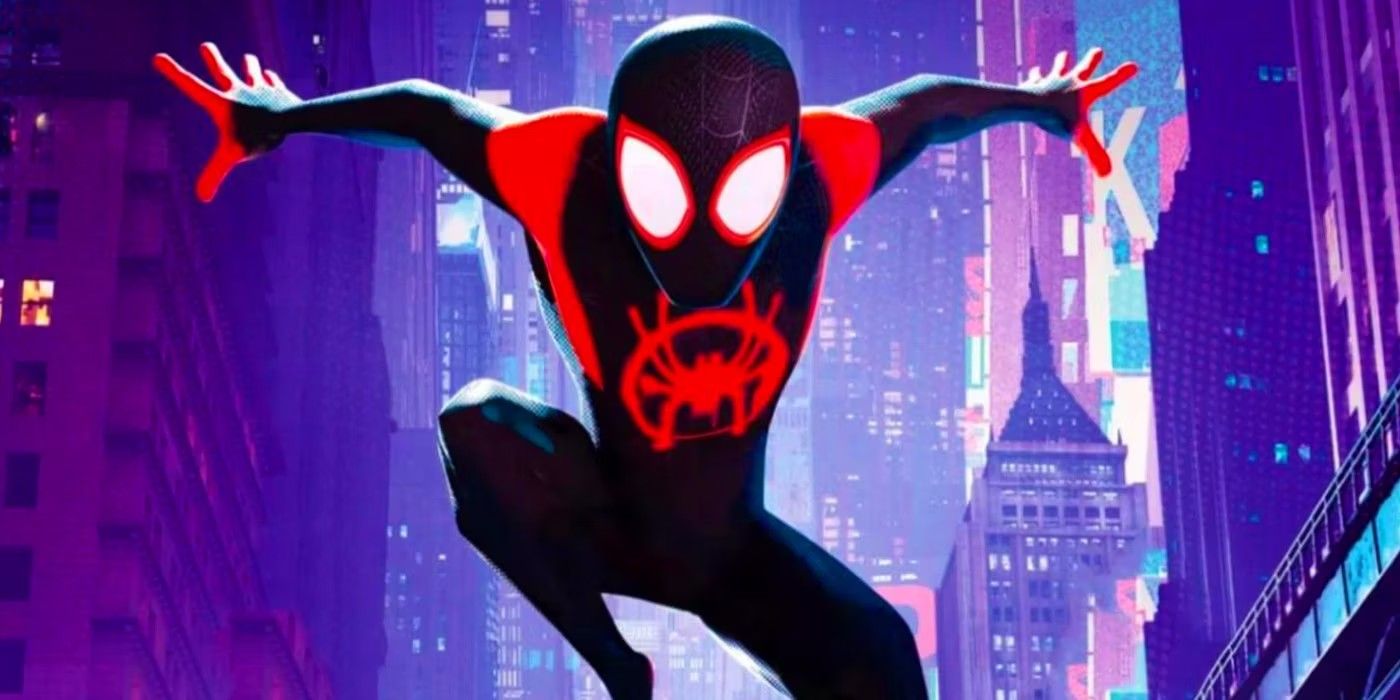 Miles Morales jumps through a NYC street in Spider-Man: Into the Spider-Verse