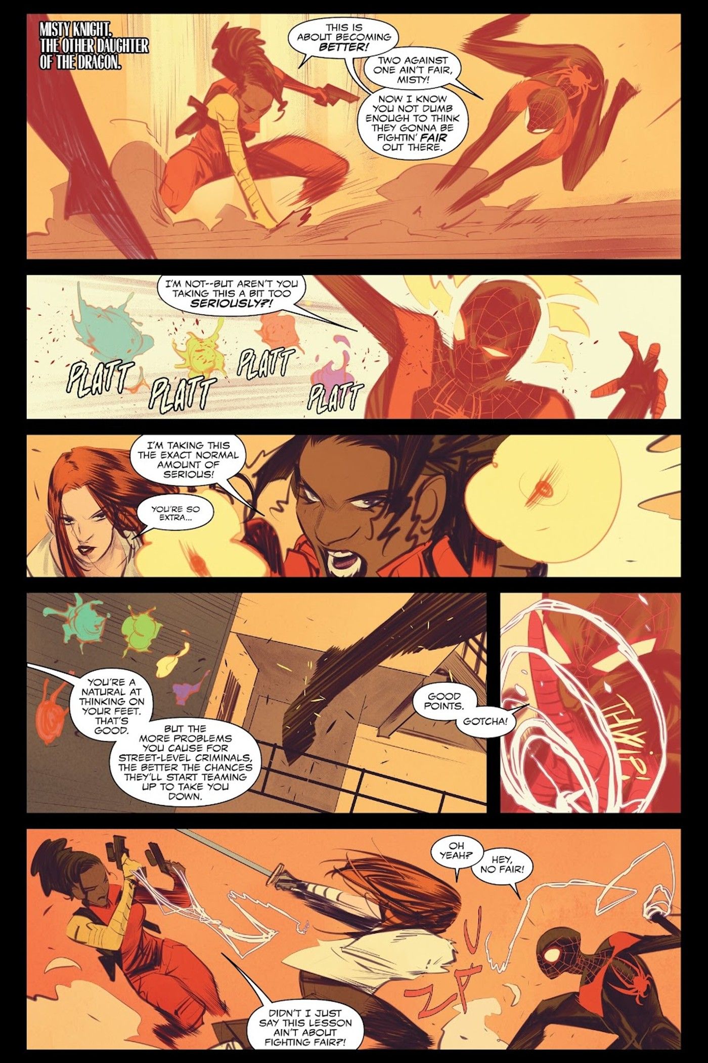 Miles Morales Spider-Man trains with daughters of the dragon Misty Knight and Colleen Wing