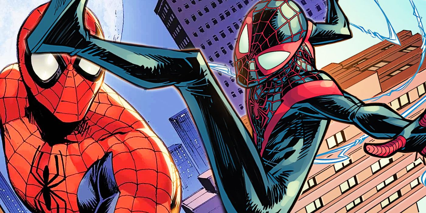 Left: Peter Parker watches from the night. Right: Miles Morales triumphantly swings through the day.